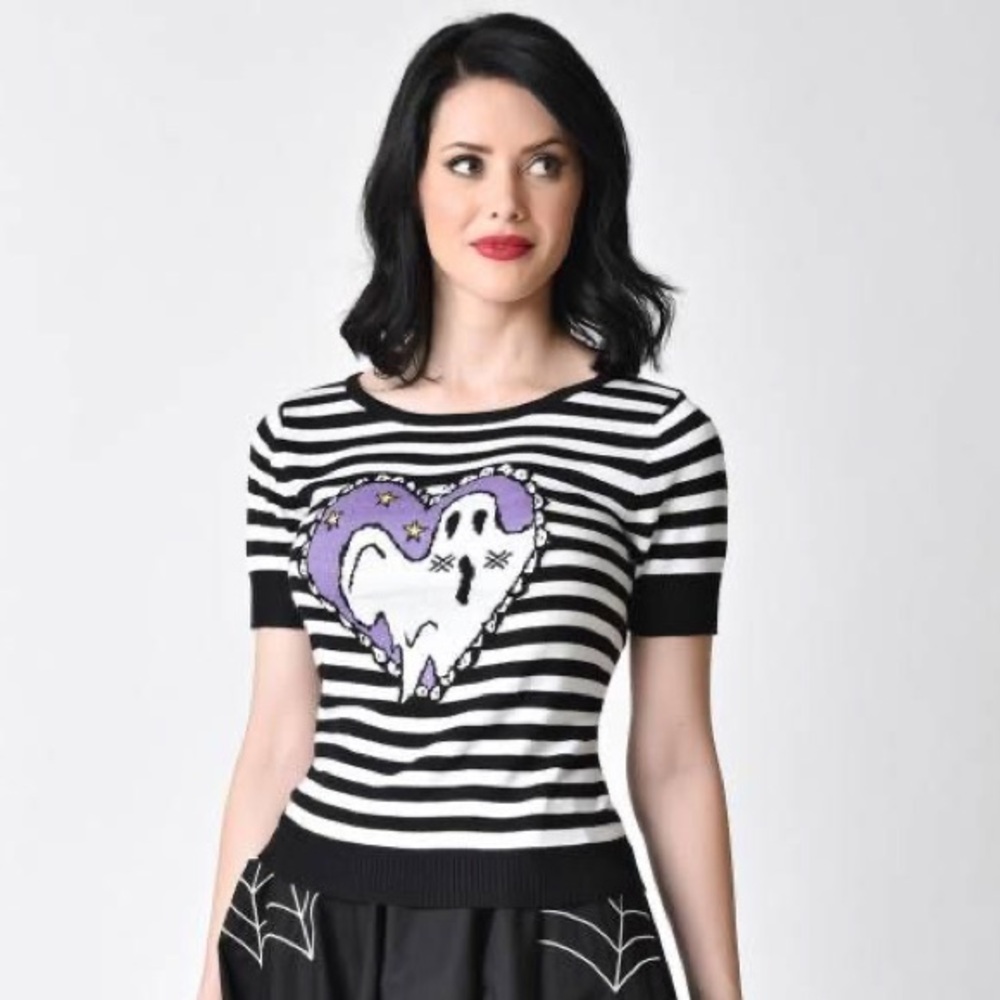 Hell Bunny Unique Vintage Retro Ghost Halloween Boo Stripe Black White Sweater